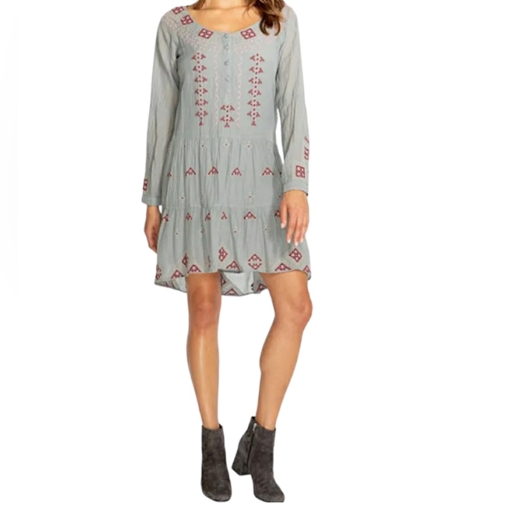 Johnny Was Ava Embroidered Boho Peasant Tiered Grey Taupe Dress NWT XS